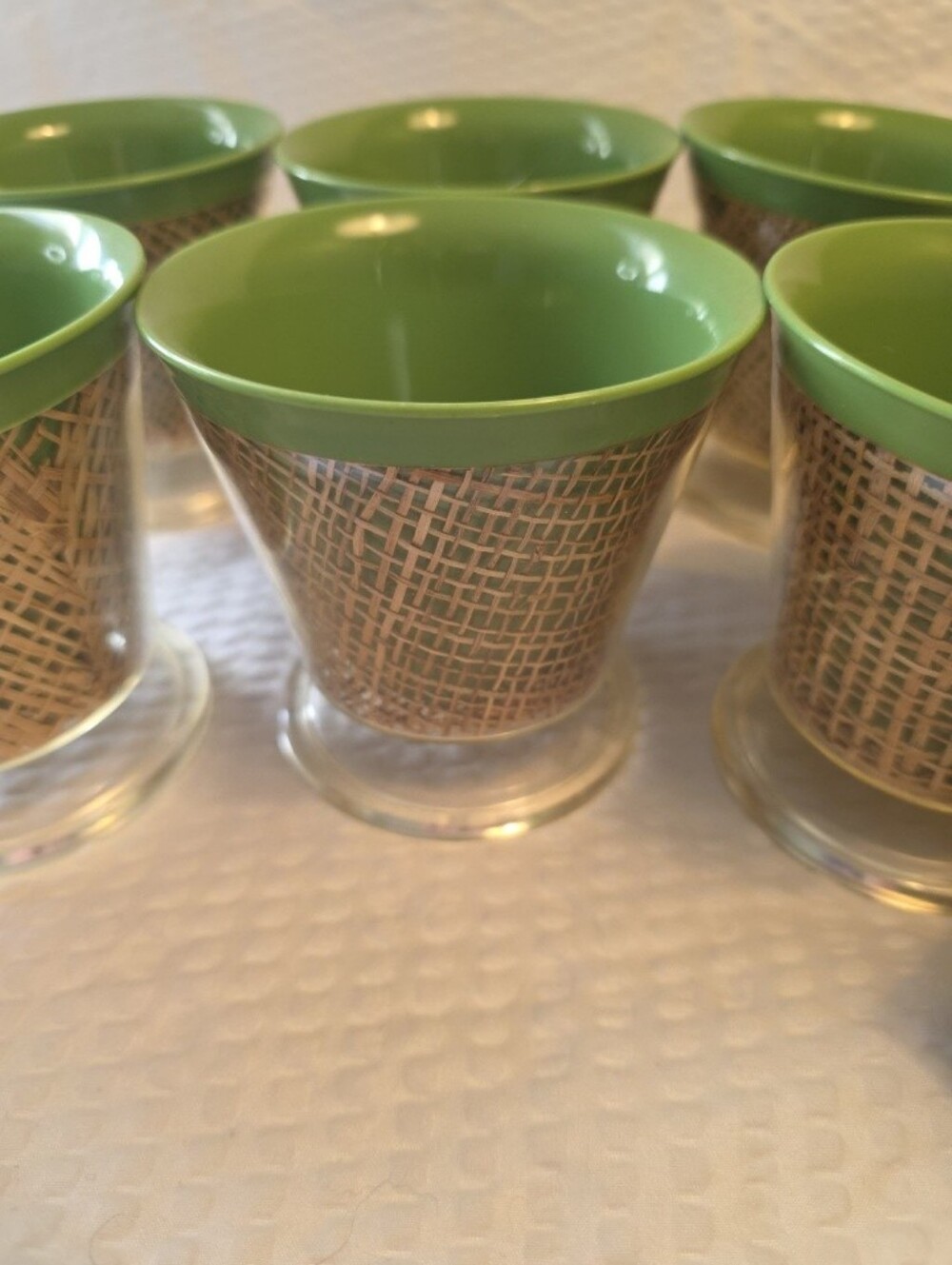 Vintage 8 Raffiaware Therma Temp MCM Green Burlap Plastic Pedestal Dessert Cups